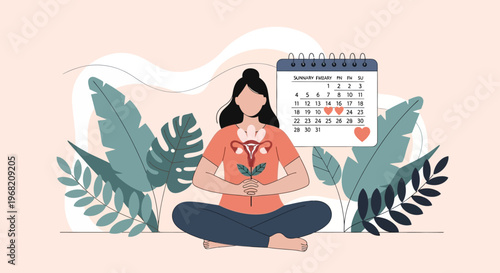 Woman meditating with uterus flower and calendar, symbolizing menstrual cycle awareness and self-care