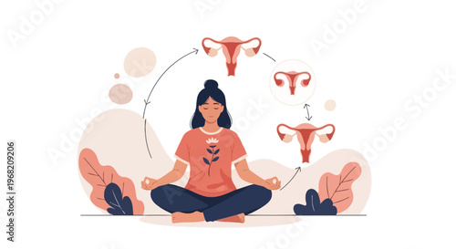 Woman Meditating with Uterus Cycle Illustration - Female Health and Wellness