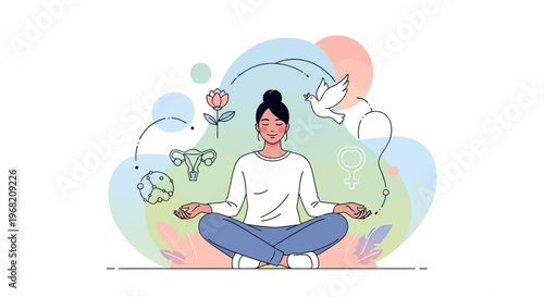 Woman meditating with symbols of health, fertility, and peace