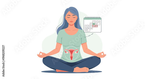Woman meditating with uterus illustration and calendar, symbolizing menstrual cycle and wellness