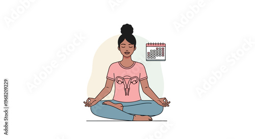 Woman meditating with uterus symbol on shirt and calendar, representing menstrual cycle awareness and wellness