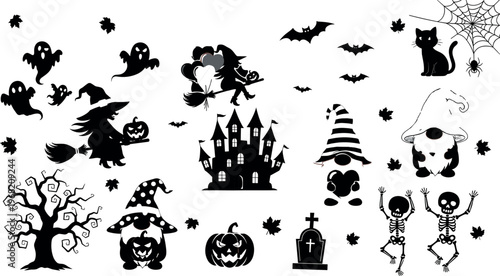 Halloween black silhouette collection with witch on broom, haunted castle, ghosts, skeletons, pumpkins, gnomes, and spooky graveyard elements, flat vector illustration