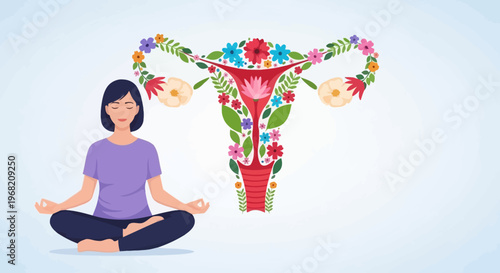 Woman meditating yoga pose next to uterus decorated with flowers, female reproductive health concept