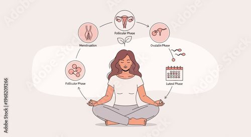 Woman Meditating, Menstrual Cycle Phases Diagram, Female Health and Wellness Concept
