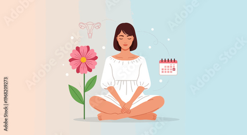 Woman Meditating, Menstrual Cycle Awareness, Flower, Calendar, Uterus Symbol