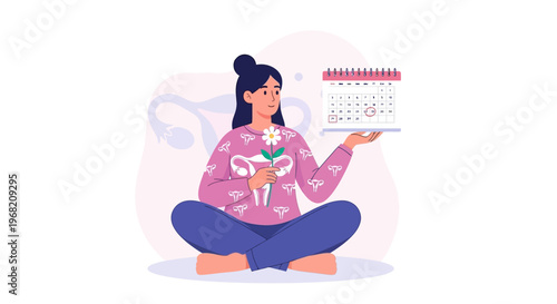 Woman tracking menstrual cycle on calendar, holding flower and uterus symbol