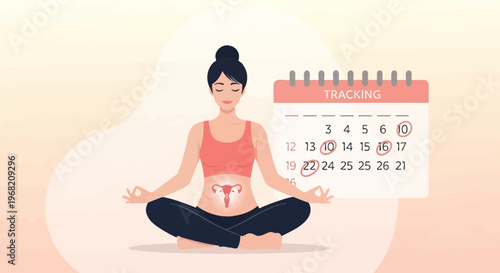 Woman tracking menstrual cycle with calendar and meditating, female reproductive health concept