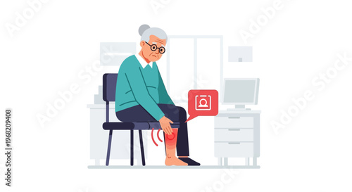 Elderly woman experiencing leg pain, medical alert icon indicating health concern