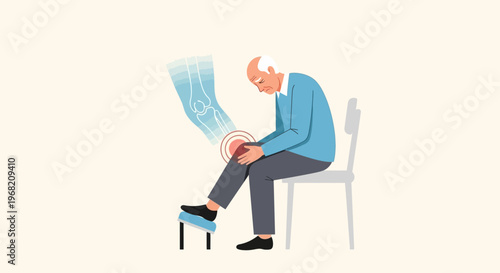 Elderly man with knee pain, arthritis, joint inflammation, and bone health issues