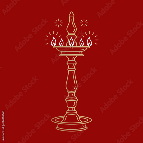 Traditional Sri Lanka Oil Lamp (Pol Thel Pahana) for Sinhala and Tamil New Year, elegant line art illustration with golden outline and glowing flames on a deep red background