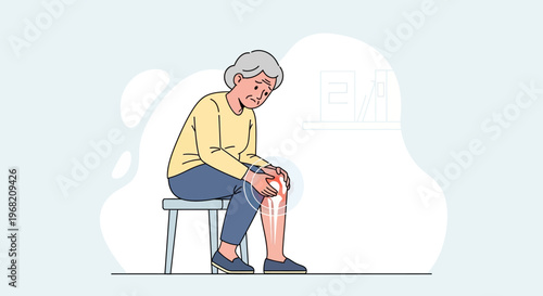 Elderly woman suffering from knee pain, arthritis, joint inflammation, and bone problems.