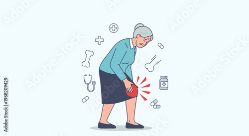 Elderly Woman Suffering from Knee Pain, Arthritis Symptoms, Medical Icons