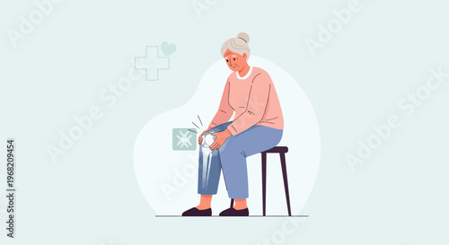 Elderly woman suffering from knee pain, arthritis, joint pain, sitting on a stool, medical concept