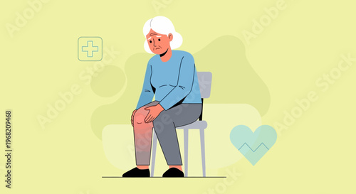Elderly woman suffering from knee pain, joint inflammation, and arthritis, seeking medical help.