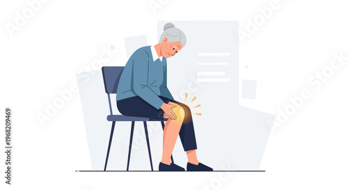 Elderly woman suffering from knee pain, sitting on a chair with pain in her knee joint.