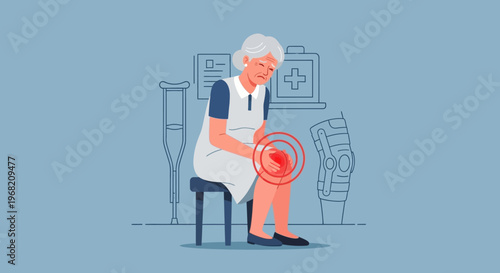 Elderly Woman Suffering Knee Pain, Medical Aids Suggesting Joint Problems and Treatment