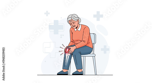Elderly Woman Suffering from Knee Pain, Sitting on Chair, Medical Illustration
