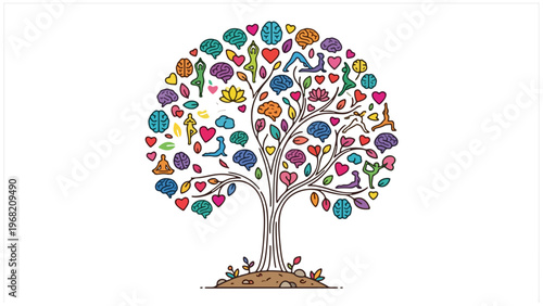 Mental Health Tree Vector – Colorful Wellness and Mindfulness Illustration