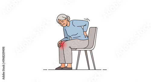 Elderly woman with knee and back pain, sitting on a chair, suffering from joint discomfort