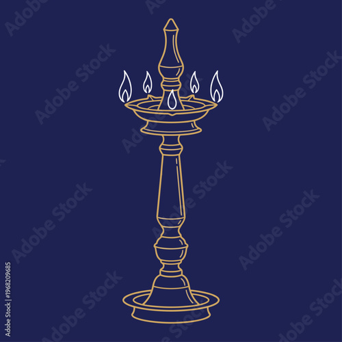 Traditional Sri Lanka Oil Lamp (Pol Thel Pahana) for Sinhala and Tamil New Year Celebration Line Art Illustration