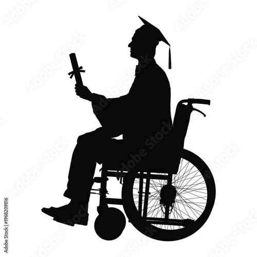Proud disabled man sitting in wheelchair wearing graduation cap and gown holding diploma side view portrait silhouette vector illustration.