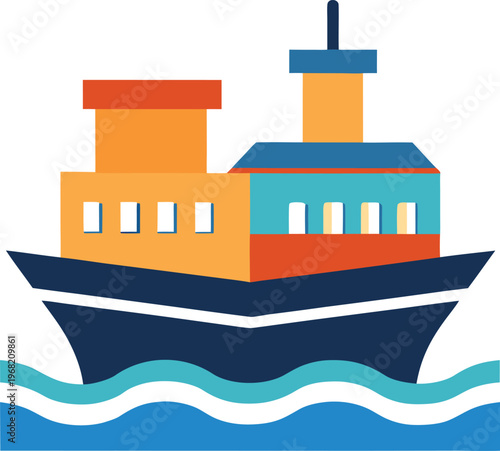 Simple cargo ship illustration on waves Keywords: cargo ship, container ship, freight, logistics
