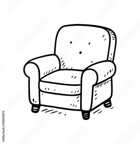 Cozy armchair. armchair, lounge chair, upholstered seat, comfy, living room, reading chair, relaxation. doodle, hand drawn, sketch, casual furniture, tufted back. line and flat vector illustration.