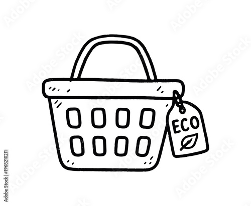 Shopping basket with eco tag. grocery basket, reusable, market, sustainable shopping, eco label. flat vector illustration isolated on white background.