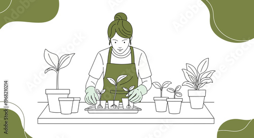 Gardener Planting Seedlings in Pots, Greenhouse Horticulture, Organic Growing