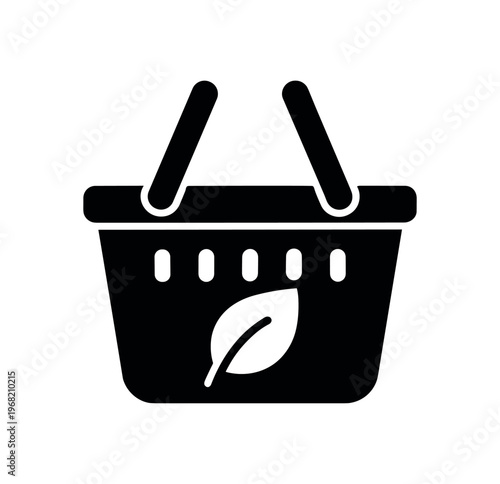 Eco shopping basket icon. leaf, green, reusable, grocery, market, sustainable shopping, carry handle, commerce. flat vector illustration isolated on white background.