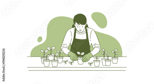 Gardener planting seedlings in pots, growth, organic farming, sustainable lifestyle concept