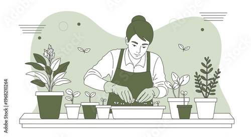 Gardener planting seedlings in pots, hobby gardening, home urban farming, illustration