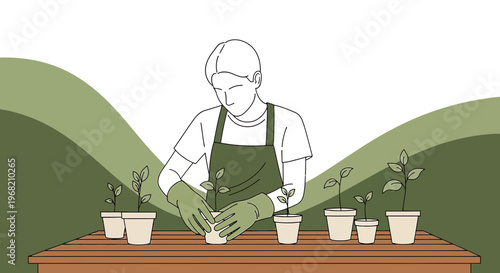 Gardener planting seedlings in pots, illustration, organic growth concept