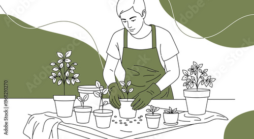 Gardener planting seedlings in pots, line art illustration, hobby and lifestyle concept