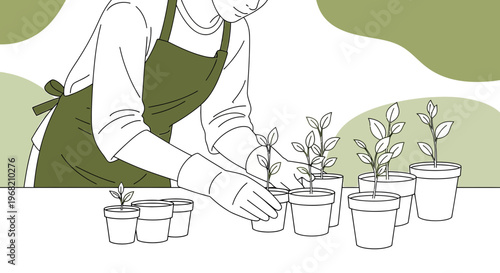 Gardener planting seedlings in pots, line art illustration, hobby, growth concept