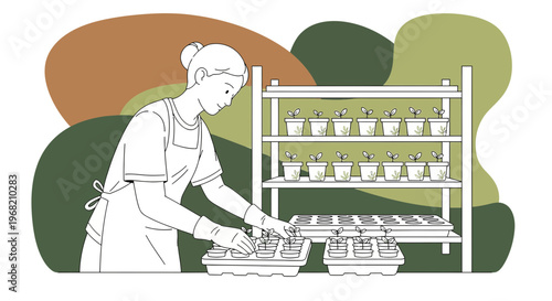 Gardener planting seedlings in pots, indoor greenhouse setup, illustration