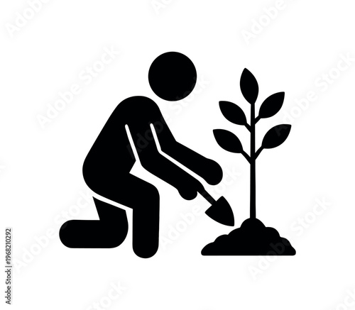 Person planting a tree icon. sapling, gardening, shovel, reforestation, environment. flat vector illustration.