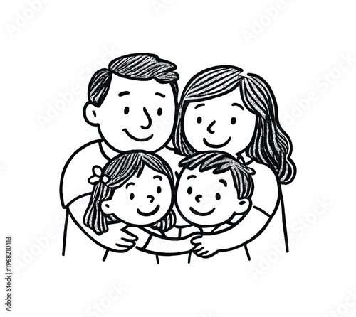 Family hugging in doodle sketch style. parents and two children embracing, love, togetherness, care, unity, hand drawn illustration. flat vector illustration.