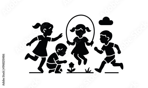 Children playing jumping rope and running silhouette. kids, children, play, playground, jumping, skipping rope, friends, group, outdoor, fun, exercise, activity, childhood. 