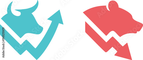 Bull and Bear Market Icon Set (Uptrend and Downtrend Stock Concept)