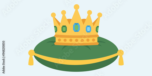 Majestic Crown on Pillow: A regal golden crown, adorned with jewels, rests upon a plush, verdant pillow, signifying power and nobility.