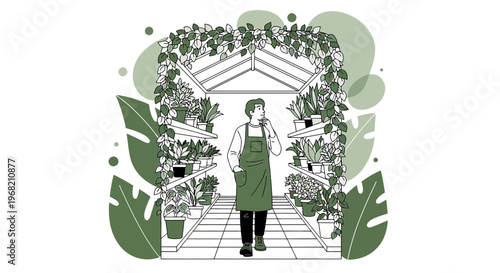Gardener in Greenhouse Surrounded by Lush Plants, Botanical Illustration