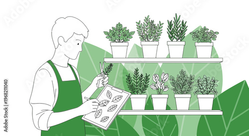 Gardener Inspecting Potted Plants and Leaves on Clipboard, Botanical Study