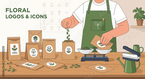 Gardener Packing Seeds with Floral Logos & Icons