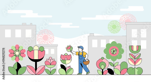 Gardener Picking Flowers in Urban Garden with Abstract Floral Art
