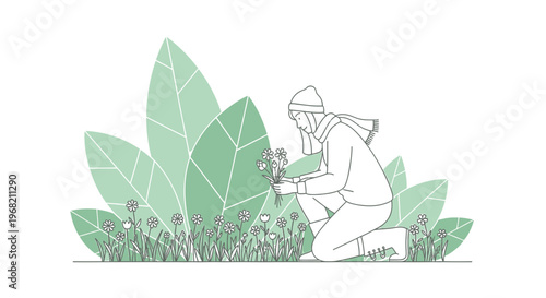Gardener picking flowers in winter, delicate line art illustration