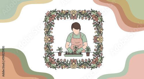 Gardener Planting Flowers Inside Floral Frame, Hobby and Nature