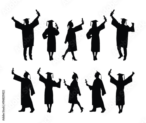 Silhouettes set of group college students wearing cap and gown on graduation day flat vector illustration collection isolated on white background.