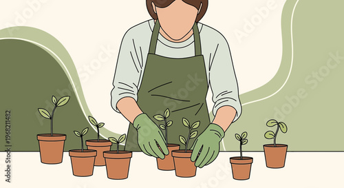 Gardener Planting Seedlings in Pots - Hobby and Nature Illustration
