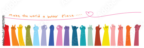 Colorful hands raised up gestures icon sign and symbol vector collection. Doodle hands sign stickers set isolated on white background.